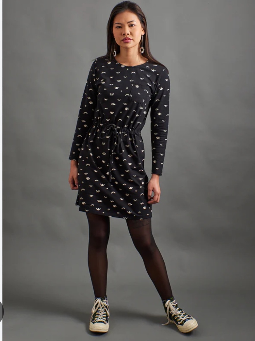 MATA TRADERS organic cotton ABBY LONG SLEEVE jersey knit DRESS medium mini BLACK
